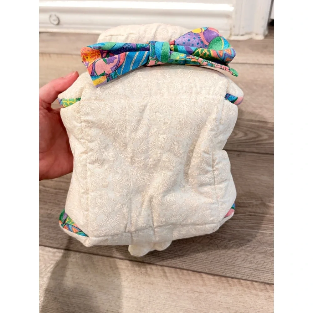 Vintage Plush Easter Bunny Basket Quilted Fabric Cream Multi Color Bow Tie